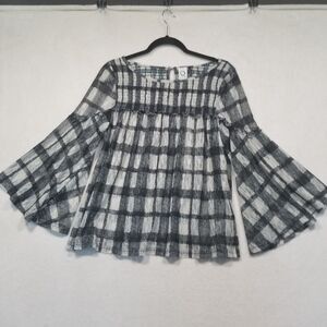 Akemi Kin Small Top Black White Plaid Bell Sleeve Sheer Lace Palezia BOHO Fairy